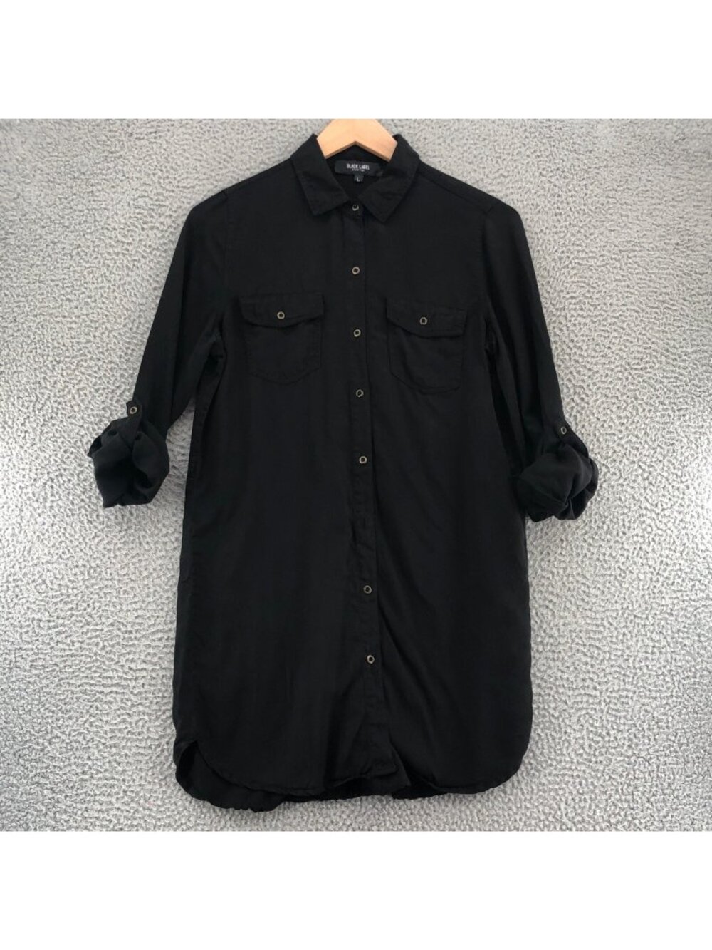 C'est Toi Dress Womens Large Black Label Mini Shirt Tunic Collar Roll Tab Sleeve